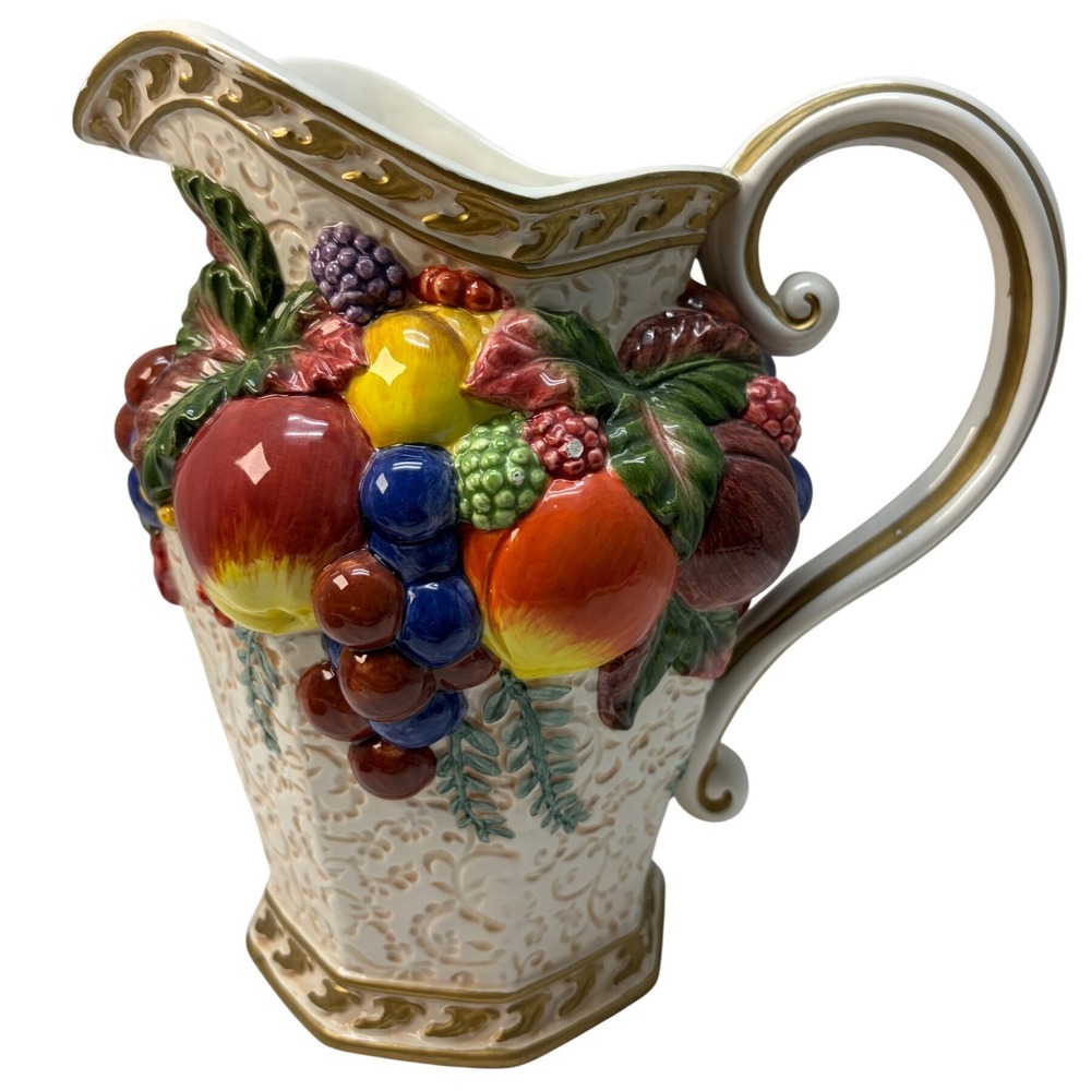 Fitz and Floyd Fruit Garden Ceramic Pitcher Gold Trim Octagonal Base 10.5 Inch